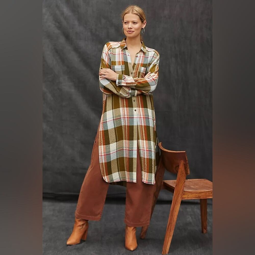 Pilcro Anthropologie Plaid Side Slit Maxi Tunic Buttondown Womens M
